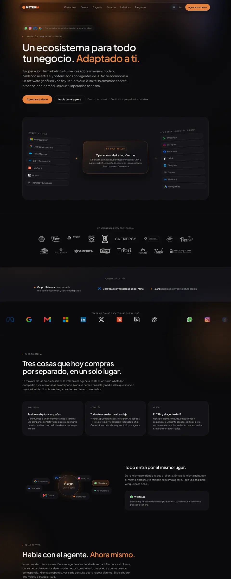 Sitio web de MetroIA, plataforma de inteligencia artificial omnicanal